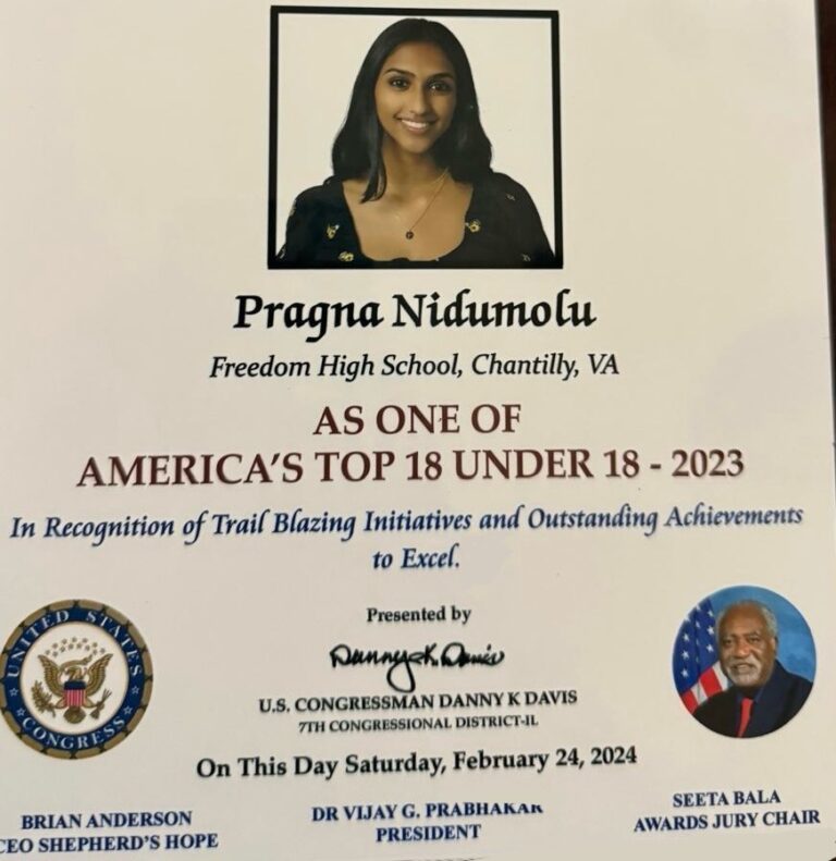 Awarded as America’s top 18 under 18 by Congressman Danny Davis